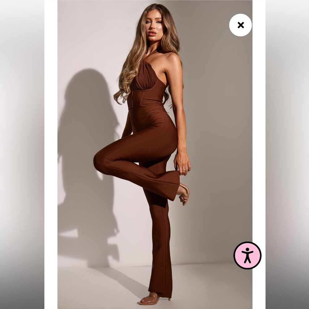 CHOCOLATE BANDAGE MESH HALTERNECK JUMPSUIT - Picture 3 of 5